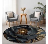 Tapis Rond de Chambre 150 cm Doux Imprimé Luxe 3D, Tapis Rond de Salon Antidérapant Lavable Decor Plantes Fleurs Noires Or Exquises - Moquette pour Salle de séjour Chambre d'enfant Salle de Jeu