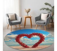 Tapis Rond de Chambre 160 cm Doux Imprimé Côtier, Tapis Rond de Salon Antidérapant Lavable Decor Sable L'Océan Rose Romantique Cœur - Moquette pour Salle de séjour Chambre d'enfant Salle de Jeu