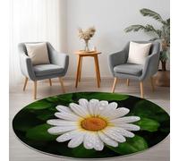 Tapis Rond de Chambre 160 cm Doux Photographie Nature, Tapis Rond de Salon Antidérapant Lavable Plantes Feuilles Vertes Blanc Marguerites - Moquette pour Salle de séjour Chambre d'enfant Salle de Jeu