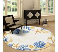 Tapis Rond de Chambre 200 cm Doux Imprimé Thème Océanique, Tapis Rond de Salon Antidérapant Lavable Decor Corail Étoile de Mer Coquillages - Moquette pour Salle de séjour Chambre d'enfant Salle de Jeu