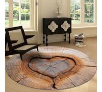 Tapis Rond de Chambre 200 cm Moquette Doux Marron Clair, Tapis de Salon Antidérapant Lavable Vintage Souche D'Arbre Veines du Bois Cœur - Moquette pour Salle de Séjour Chambre d'enfant Salle de Jeu