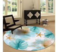 Tapis Rond de Chambre 220 cm Doux Minimaliste, Tapis Rond de Salon Antidérapant Lavable Decor Étoile Mer Coquillage Feuilles Vertes - Moquette pour Salle de séjour Chambre d'enfant Salle de Jeux