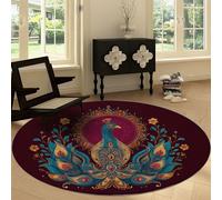 Tapis Rond de Chambre Doux Imprimé 200 cm Animaux Paon Bijoux Fleurs, Tapis de Salon Antidérapant Lavable Decor Luxueux et Exquis - Moquette pour Salle de Séjour Chambre d'enfant Salle de Jeu
