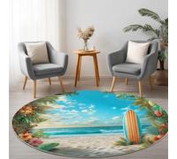 Tapis Rond de Moderne 120 cm Côtier, Tapis Rond Lavable à Poils Courts Plage Planche Surf Plantes Tropicales Fleurs - Moquette pour Salon Salle de Jeu - Moquette Antidérapant Chambre Adulte Ado