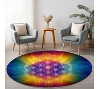 Tapis Rond de Salon 120 cm, Géométrie Halo Fleur de Vie Texture Motif imprimé pour Salle à Manger Bureau, Lavable en Machine et Poil Court Coloré Tapis Rond Chambre avec Dos Antidérapant
