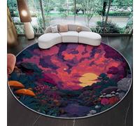 Tapis Rond de Salon 160 cm Rond, Tapis Lavable en Machine Style Fantaisie Forêt Secrète Champignons Doux et Antidérapant - pour Chambre à Coucher Salle à Manger Bureau de Cuisine Violet Orange