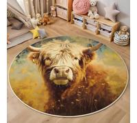 Tapis Rond De Salon 3D Jaune Brunâtre Bovins Des Highlands Des Champs De Fleurs Adolescent Garçon Fille Décoration De La Chambre Jeu Peinture À L'Huile D'Animaux Pour Wnfants Douce Maison Décor,140Cm