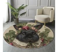 Tapis Rond De Salon 3D Noir Vert Lapin Carotte À Feuilles Vertes Adolescent Garçon Fille Décoration Chambre Antidérapant De Jeu Peinture À L'Huile D'Animaux Pour Wnfants En Douce Maison Décor,60Cm