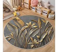 Tapis Rond De Salon 3D Or Cendré Pierre À Feuilles De Fleurs Adolescent Garçon Fille Décoration De La Chambre Antidérapant De Jeu Illustrations Botaniques pour Wnfants en Douce Maison Décor,100Cm