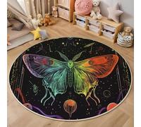 Tapis Rond De Salon 3D Orange-Vert Papillon De Nuit Géométrique En Forme De Lune Adolescent Garçon Fille Décoration De La Chambre Jeu Insectes Psychédéliques Pour Wnfants En Douce Maison Décor,120Cm