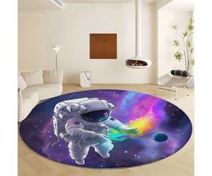 Tapis Rond de Salon 90 cm Runner rectangulaire Lavable imprimé Astronaute Galaxie Dessin animé, Univers Fantastique Tapis décoratif antidérapant - Runner Bas Doux pour Chambre décoration Sol