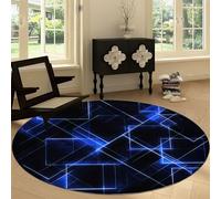 Tapis Rond de Salon Antidérapant 100 cm, Tapis Rond Lavable Bleu Néon Géométrique Rayures - Moquette Art Abstrait Doux à Poil Court pour Cuisine Buanderie Salle à Manger Chambre à Coucher