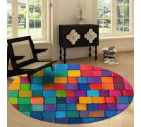 Tapis Rond de Salon Antidérapant 200 cm, Tapis Rond Lavable Arc en Ciel Géométrique Carré Rayures - Moquette Art Abstrait Doux à Poil Court pour Cuisine Buanderie Salle à Manger Chambre à Coucher