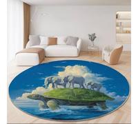 Tapis Rond de Salon Art Numérique Fantastique Île Tortue pour Salle à Manger Bureau Bleu Lavable en Machine et Poil Court Tapis Rond Chambre avec Dos Antidérapant 100 cm - Facile à Nettoyer