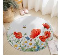 Tapis Rond De Salon Campagne Fleurs Rouges Marguerites pour Chambre Salle A Manger Rouge Lavable en Machine Et Poil Court Tapis Rond Chambre avec Dos Antidérapant 150 Cm - Facile À Nettoyer