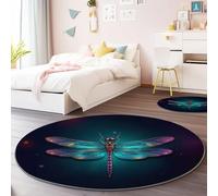 Tapis Rond de Salon Décoration 100 cm, Noir Antidérapant Lavable en Machine Tapis Rond Imprimé en Flanelle Art Abstrait Insectes Libellules en Verre - pour Cuisine Chambre Entrée Intérieur