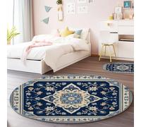 Tapis Rond de Salon Décoration 180 cm, Bleu Antidérapant Lavable en Machine Tapis Rond Imprimé en Flanelle Art Médiéval Oriental Fleurs - pour Cuisine Chambre Entrée Intérieur