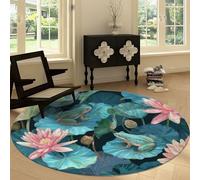 Tapis Rond de Salon Lavable 150 cm Vintage Animaux Grenouille Floral Nénuphars, Tapis Antidérapant Moquette de Sol Bleu et Rose - pour Chambre Cuisine Balcon Terrasse Salle à Manger Salle de Jeu