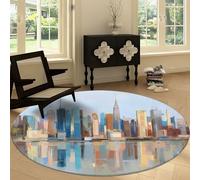 Tapis Rond de Salon Lavable 220 cm Peinture à L'Huile New York Architecture, Tapis Antidérapant Moquette de Sol Bleu Clair - pour Chambre Cuisine Balcon Terrasse Salle à Manger Intérieur Salle de Jeu