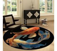 Tapis Rond de Salon Lavable Traditionnel Chinois, Tapis de Sol 150 cm Moquette Antidérapant Animal Écailles de Poisson Rayures pour Chambre Cuisine Balcon Salon Salle à Manger Intérieur Extérieur