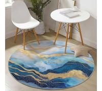Tapis Rond de Salon Magnifique Abstrait Marbre pour Salle à Manger Bureau Bleu Or Lavable en Machine et Poil Court Tapis Rond Chambre avec Dos Antidérapant 120 cm - Facile à Nettoyer