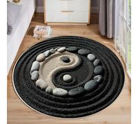 Tapis Rond de Style Style de méditation Zen Motif Yin-Yang des Galets, 60cm Tapis Chambre avec Bords Cousus, Antidérapant Doux Rugs Chambre, Lavable Rug de Salon, pour Bureau L'intérieur (Noir)