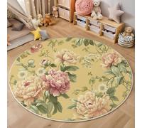 Tapis Rond de Style Style Rétro Peint À La Main Pivoine Et Marguerite, 60cm Tapis Chambre avec Bords Cousus, Antidérapant Doux Rugs Chambre, Lavable Rug de Salon, pour Bureau L'intérieur (Jaune Clair)