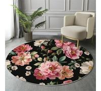 Tapis Rond Déco, Impression de Fleurs Vintage Pivoine Rose Marguerite Interieur Antidérapant Tapis Chambre Salle de Jeux pour Enfants, Moquette Doux Absorbant, Loterie Noire, 120cm