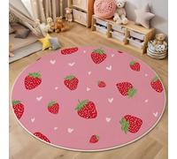 Tapis Rond Déco, Impression de Mignonne Petite Fraise en Forme De Cœur Interieur Antidérapant Tapis Chambre Salle de Jeux pour Enfants, Moquette Doux Absorbant, Rose, 120cm