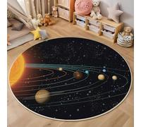 Tapis Rond Déco, Impression de Sciences Système Solaire Lignes Orbitales Interieur Antidérapant Tapis Chambre Salle de Jeux pour Enfants, Moquette Doux Absorbant, Noir, 160cm