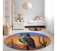 Tapis Rond Décoratif en Flanelle Beige Orange- Antidérapant Résistant à l’Usure et aux Couleurs Inaltérables Animation Désert Hibou Coucher De Soleil Imprimé Tapis pour Salon Chambre, 160 cm