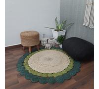 Tapis rond décoratif en jute naturel tressé à la main - Blanc et vert