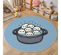Tapis Rond Dessin Animé Amusant Lavable Machine, Bleu Clair Tapis Imprimé des Raviolis Mignons Antidérapant Absorbant, pour Salon Chambre Salle à Manger Nursery Salle de Jeux, 90cm