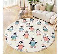 Tapis Rond Dessin Animé Patinage Glace Pingouins 80 Cm, Lavable En Machine Pour Salon, Ne Perd Pas Ses Poils, Antidérapant | Tapis Animaux Mignons Pour Chambre À Coucher Chambre D'Enfant, Bleu Pastel