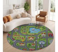 Tapis Rond Dessin Animé Ville 80 cm, Grande Roue Bus Scolaire Commissariat Lavable en Machine pour Salon, Antidérapant, Tapis Imprimé pour Salle à Manger, Chambre d’Enfant, Nurserie, Vert