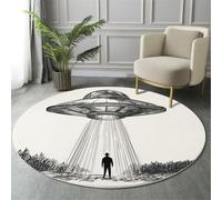 Tapis Rond Dessiné À La Main Fantastique, Tapis Imprimé Ovni Homme Doux Antidérapant, Rug Noir Blanc Interieur Flanelle Lavable en Machine, pour Salon Chambre Cuisine Balcon Terrasse 60cm