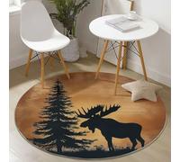 Tapis Rond Diamètre 160 cm, Rétro Éléments Tribaux Cerf Pins Design, Marron Noir Doux Matière Flanelle Confortable, Antidérapant Lavable Tapis de Salon, Convient pour Bureau L'intérieur Décorer