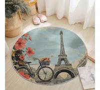 Tapis Rond Diamètre 60 cm, Rétro Architecture Tour de Fer Fleurs Design, Multicolore Flanelle Rond Tapis Doux Résistant, Lavable Antidérapant pour Chambre à Coucher Salle à Manger