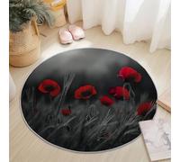 Tapis Rond Diamètre 80 cm, Gros Plan Champ de Fleurs Coquelicots Design, Noir Rouge Flanelle Rond Tapis Doux Résistant, Lavable Antidérapant pour Chambre à Coucher Salle à Manger