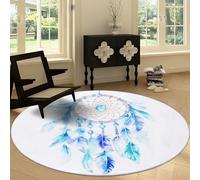 Tapis Rond d'Intérieur Blanc Imprimé Antidérapant et Lavable 150 cm - Plumes D'Attrape-Rêves Tapis Antidérapant et résistant, Moquette Rond à Poils Courts Doux pour Salon & Chambre