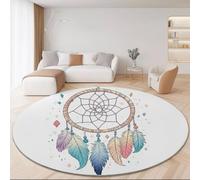 Tapis Rond D'Intérieur Coloré Imprimé Antidérapant Et Lavable 120 Cm Bohème Attrape-Rêves Plumes Tapis Antidérapant, Moquette Rond À Poils Courts Doux pour Salle À Manger, Salon & Chambre
