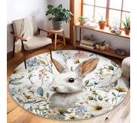 Tapis rond d'intérieur motif lapin, fleurs naturelles de printemps, feuilles blanches, dos antidérapant, tapis rond qui ne perd pas ses poils pour salon, chambre à coucher, sous le lit, décoration