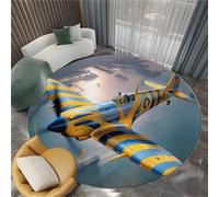 Tapis Rond Doux et Douillet Gris Bleu, Paillasson Rétro Surréaliste Militaire Avion Dchasse Lavable et Facile d'entretien pour Salon Chambre à Coucher Chambre d'enfant (Filles et Garçons), 120 cm