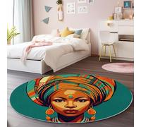 Tapis Rond doux et lavable en machine 90 cm Bleu Orange Poil Ras Salon Chambre Antidérapant, Tapis de Sol Décoratif Motif Femme Africaine De Dessin Animé pour chambre à coucher salon salle à manger