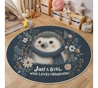 Tapis Rond Doux et Mignon à Poils Courts pour Chambre d'enfant garçons et Filles - Hérisson de Dessin animé Fleur hérisson - pour Salle de Jeux - Bleu foncé - 160cm