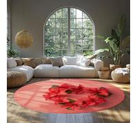 Tapis Rond Doux Floral Moderne Fleurs Roses Amour Coeur à Poils Ras Lavable Cercle Tapis pour Vivre café Chambre Bureau décor 213cm（Rond）