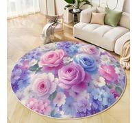 Tapis Rond Doux Roses Aquarelle Petites Fleurs 160 Cm Grand, Lavable Machine Tapis Rond À Poils Courts Antidérapant Plantes Romantiques Rose Violet Pour Salons Chambres À Coucher Chambres D'Enfants