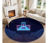 Tapis Rond E sport Futuriste Antidérapant Lavable, 180 cm Bleu Foncé | Tapis de Salon Design Sci Fi Ville Futuriste Manette jeu Ciel Moquette Doux pour Salle à Manger Chambre Canapé Cuisine