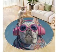 Tapis Rond Écouteurs Pour Chiens Bouledogue Français, Portrait D'Animal De Compagnie Pop Art Tapis Rond De Foyer D'entrée Lavable Antidérapant Pour Salon Chambre Cuisine Balcon Bureau (100cm, Bleu)