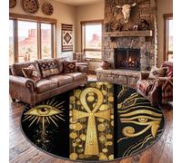 Tapis Rond Égypte Antique 160 cm Noir et Or pour Salon Lavable en Machine | Antidérapant Tapis doux Poil Ras avec Mystique Vintage Runes Or Rayures pour Chambre Descente de Lit Décoration Intérieure